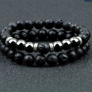 Unisex Two “Kratos “ Black Lava and Hematite Healing Stretch Bracelets